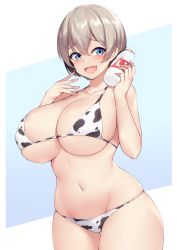 Rule 34 | 1girl, :d, animal print, bikini, blue background, blue eyes, blush, bottle, breasts, commentary, cow print, curvy, fang, grey hair, hair between eyes, holding, holding bottle, kuavera, large breasts, looking at viewer, milk bottle, navel, open mouth, short hair, skin fang, smile, solo, standing, swimsuit, thighs, underboob, uzaki-chan wa asobitai!, uzaki hana