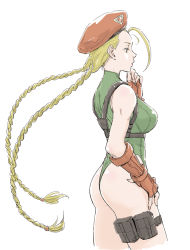 Rule 34 | 1girl, ahoge, antenna hair, ass, bare shoulders, beret, blonde hair, blue eyes, braid, breasts, buckle, cammy white, coelacanth (gyotaku), emblem, fingerless gloves, from side, gauntlets, gloves, green leotard, hand on own hip, harness, hat, highleg, highleg leotard, huge ahoge, leotard, long hair, medium breasts, parted lips, profile, red gloves, red hat, ribbed leotard, simple background, solo, standing, street fighter, street fighter v, thigh strap, thighs, thong leotard, toned, twin braids, very long hair, white background