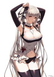 Rule 34 | 1girl, absurdres, armpits, azur lane, bare shoulders, between breasts, black dress, black panties, black thighhighs, breasts, cleavage, cowboy shot, dated, dress, earrings, formidable (azur lane), frilled dress, frills, grey hair, hair ribbon, hair tie in mouth, highres, jewelry, large breasts, long hair, long sleeves, looking at viewer, mouth hold, navel, panties, raku (clearpage), red eyes, ribbon, rigging, signature, simple background, solo, thighhighs, twintails, two-tone dress, two-tone ribbon, tying hair, underwear, very long hair, white background