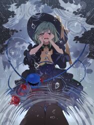 Rule 34 | 1girl, black pantyhose, blood, bloody tears, commentary, crying, crying with eyes open, enoki 3106, female pov, frilled skirt, frilled sleeves, frills, green eyes, green hair, green skirt, hands on own cheeks, hands on own face, hat, hat ribbon, highres, komeiji koishi, looking at reflection, medium hair, outdoors, pantyhose, petticoat, pov, puddle, rain, reflection, ribbon, shirt, skirt, solo, tears, third eye, touhou, wide brim, yellow ribbon, yellow shirt