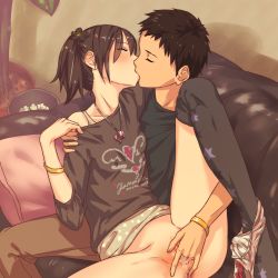 Rule 34 | 1boy, 1girl, anus, black shirt, black thighhighs, blush, bottomless, bra strap, breast press, breasts, brown hair, casual, closed eyes, clothes writing, collarbone, couch, couple, covered erect nipples, fingering, flower, hair flower, hair ornament, hetero, highres, hug, jewelry, kiss, knee up, necklace, no panties, off shoulder, original, panties, panties around leg, pants, petite, pillow, plaid, plaid panties, plant, ponytail, potted plant, print legwear, profile, pussy, pussy juice, reach-around, revision, shirt, short hair, short ponytail, sitting, sitting on lap, sitting on person, small breasts, spread legs, star (symbol), star print, thighhighs, trash can, uncensored, underwear, used tissue, wristband, yamada (gotyui)