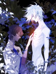Rule 34 | 2boys, arjuna (fate), bishounen, brown hair, chest jewel, dark-skinned male, dark skin, fate/apocrypha, fate/grand order, fate (series), hand on another&#039;s chest, hand on own chest, highres, karna (fate), male focus, mchi, multiple boys, nude, plant, skinny, white hair