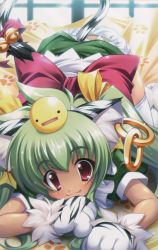 Rule 34 | 00s, 1girl, all fours, animal ears, animal hands, bell, bow, cat ears, cat paws, cat tail, earrings, fang, gloves, green hair, highres, jewelry, koihime musou, kuwada yuuki, long hair, moukaku, panties, paw gloves, red eyes, ribbon, solo, tail, thighhighs, top-down bottom-up, underwear