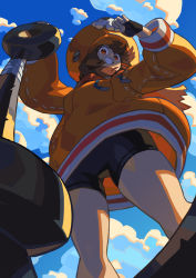 Rule 34 | 1girl, anchor, backlighting, baggy clothes, bike shorts, black gloves, black shorts, brown hair, cloud, cloudy sky, commentary, english commentary, fingerless gloves, from below, gloves, grin, guilty gear, guilty gear strive, highres, hood, hoodie, huge weapon, looking at viewer, may (guilty gear), medium hair, niking, orange eyes, orange headwear, orange hoodie, planted, salute, shorts, skull and crossbones, sky, smile, solo, thighs, weapon