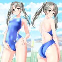 Rule 34 | 1girl, absurdres, arena (company), ass, blue sky, blue one-piece swimsuit, breasts, brown eyes, cameltoe, cloud, collarbone, competition swimsuit, covered navel, cowboy shot, from behind, grey hair, grin, hair ribbon, highres, kantai collection, logo, long hair, looking at viewer, looking back, multiple views, one-piece swimsuit, ribbon, sky, small breasts, smile, split theme, swimsuit, takafumi, twintails, white ribbon, zuikaku (kancolle)