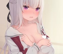 Rule 34 | 1girl, amashiro natsuki, black bow, blush, bow, breasts, censored, censored nipples, cleavage, commentary request, grey hair, hair between eyes, hair bow, heart, heart censor, long hair, long sleeves, looking at viewer, medium breasts, open clothes, open shirt, original, parted lips, puffy long sleeves, puffy sleeves, purple eyes, sailor collar, shirt, solo, tears, upper body, white sailor collar, white shirt