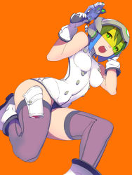 Rule 34 | 1girl, blue hair, bodysuit, boots, breasts, covered erect nipples, enkyo yuuichirou, finger on trigger, gloves, green-tinted eyewear, green eyes, gun, helmet, highres, hisho collection, holding, holding gun, holding weapon, impossible bodysuit, impossible clothes, medium breasts, open mouth, orange background, purple thighhighs, short hair, simple background, skin tight, solo, thighhighs, tinted eyewear, visor, weapon, white bodysuit, white footwear, white gloves, yellow-tinted eyewear