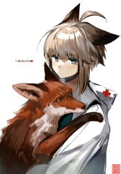 Rule 34 | 1girl, absurdres, ahoge, animal, animal ears, arknights, blue eyes, brown eyes, brown fur, carrying, character name, closed mouth, cross, fox, fox ears, fur, highres, holding, holding animal, jacket, light blush, light brown hair, long sleeves, looking at viewer, looking away, moko (moko/moko), patting, red cross, short hair, short hair with long locks, signature, simple background, stamp, sussurro (arknights), white background, white jacket