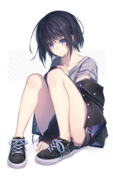 Rule 34 | 1girl, absurdres, between legs, black footwear, black hair, black shorts, collarbone, commentary request, full body, grey shirt, hair between eyes, haizome senri, hand on own knee, highres, laces, legs, long sleeves, looking at viewer, no socks, off shoulder, original, parted lips, purple eyes, shirt, shoes, short hair, short sleeves, shorts, sitting, sleeves past wrists, sneakers, solo, white background