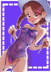 Rule 34 | 1girl, :3, alternate costume, asymmetrical hair, bare shoulders, bikini, bikini under clothes, blue background, blue one-piece swimsuit, blush, border, braid, breasts, brown eyes, brown hair, closed mouth, collarbone, cowboy shot, creatures (company), drop shadow, female focus, forehead, fumirumochigashin, game freak, groin, hair ornament, hairclip, hands up, happy, hat, highres, juliana (pokemon), long hair, looking at viewer, matching hair/eyes, micro bikini, navel, nintendo, one-piece swimsuit, orange bikini, outline, outside border, pokemon, pokemon sv, see-through, shiny clothes, side-tie bikini bottom, side braid, simple background, single braid, small breasts, smile, solo, standing, stomach, string bikini, striped bikini, striped clothes, sun hat, swept bangs, swimsuit, tongue, tongue out, untied bikini, white border, white hat, white outline