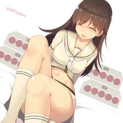 Rule 34 | 10s, 1girl, :d, artist name, brown hair, collarbone, closed eyes, happy, kantai collection, kneehighs, machinery, navel, ooi (kancolle), open mouth, school uniform, serafuku, simple background, sitting, skirt, smile, socks, solo, sts, white background