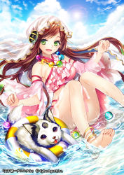 Rule 34 | 1girl, :d, anklet, bad id, bad pixiv id, bare shoulders, barefoot, breasts, brown hair, character request, company name, copyright name, dog, dutch angle, feet, green eyes, hair ornament, in water, innertube, jewelry, long hair, looking at viewer, official art, open mouth, original, renta (deja-vu), sideboob, sitting, smile, soles, swim ring, tenka touitsu chronicle, veil