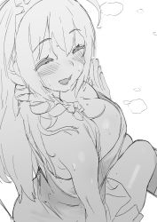 Rule 34 | 1girl, absurdres, ahoge, blush, braid, breasts, cleavage, closed eyes, dorontabi, female focus, highres, large breasts, long hair, monochrome, open mouth, pecorine (princess connect!), princess connect!, sketch, solo, sweat