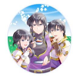 Rule 34 | 1girl, 2girls, black hair, brother and sister, checkerboard cookie, cookie, cup, fire emblem, fire emblem: genealogy of the holy war, food, happy, highres, holding, holding cup, holding saucer, larcei (fire emblem), looking at viewer, multiple girls, ngtrngnk, nintendo, saucer, scathach (fire emblem), shannan (fire emblem), short hair, siblings, sidelocks, simple background, smile, tea, teacup, tomboy, tray
