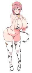 Rule 34 | animal print, bell, bent over, bikini, blue eyes, blush, boots, braid, breasts, cleavage, collar, cow girl, cow horns, cow print, cow print bikini, cow tail, cowbell, french braid, hands on own chest, highres, horns, huge breasts, kumanochukimi, medium hair, navel, neck bell, open mouth, pink hair, princess connect!, print bikini, simple background, swimsuit, tail, thigh boots, thighhighs, yui (princess connect!)
