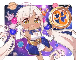 Rule 34 | 1girl, bare shoulders, beads, blush, border, breasts, chibi, collarbone, dark-skinned female, dark skin, earth (planet), elbow gloves, gloves, hair beads, hair ornament, highres, hololive, hololive english, jupiter (planet), kukie-nyan, large breasts, leotard, long hair, open mouth, outline, pink hair, planet, planet hair ornament, sideboob, skirt, smile, solo, space, star (sky), teeth, tsukumo sana, tsukumo sana (1st costume), twintails, upper teeth only, very long hair, virtual youtuber, white border, white gloves, white leotard, white outline, white skirt, yatagarasu (tsukumo sana), yellow eyes