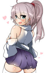 Rule 34 | 1girl, :d, ahoge, ass, back, bare shoulders, blush, breasts, detached sleeves, eyes visible through hair, fang, green eyes, grey hair, heart, highres, looking at viewer, looking back, lovestruck, medium breasts, miniskirt, mononobe no futo, no headwear, no headwear, open mouth, pleated skirt, ponytail, scrunchie, skindentation, skirt, smile, solo, takimoto yukari, thick thighs, thighhighs, thighs, touhou