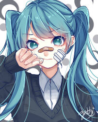Rule 34 | 1girl, :|, absurdres, bandaid, bandaid on face, bandaid on nose, black sweater, blue eyes, blue hair, bruise, closed mouth, collared shirt, crescent, gauze on cheek, hand on own cheek, hand on own face, hatsune miku, highres, injury, long hair, long sleeves, looking at viewer, mai mugi, portrait, raised eyebrows, rolling girl (vocaloid), shirt, sidelocks, signature, simple background, sleeves past wrists, solo, straight-on, sweater, twintails, upper body, v-neck, vocaloid, white background, white shirt