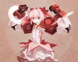 Rule 34 | 10s, 1girl, arms up, bow, bubble skirt, choker, fusion, gundam, gundam age, gundam age-1, gundam age-1 titus, hair bow, kaname madoka, looking at viewer, magical girl, mahou shoujo madoka magica, mahou shoujo madoka magica (anime), mecha musume, mechanical arms, mechanical legs, open mouth, pink eyes, pink hair, pink skirt, shihou (g-o-s), short twintails, skirt, solo, twintails