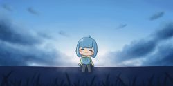 Rule 34 | 1girl, :3, absurdres, ahoge, blue hair, buibui (character), chibi, cloud, cloudy sky, commentary, english commentary, closed eyes, grass, highres, medium hair, mpien, original, sitting, sky, smile, solo, sunrise, sweater