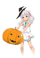 Rule 34 | 1girl, absurdres, blunt bangs, closed mouth, dress, green eyes, grey hair, hair ribbon, halloween, hat, highres, jack-o&#039;-lantern, kantai collection, long hair, looking at viewer, maestrale (kancolle), one-hour drawing challenge, one side up, pumpkin, ribbon, sailor collar, sailor dress, simple background, sleeveless, sleeveless dress, smile, solo, taisinkoku, tan, tanline, white background, white dress, white ribbon, witch hat