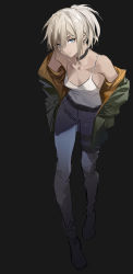 Rule 34 | 1girl, absurdres, bare shoulders, belt, black background, black choker, black footwear, blonde hair, blue eyes, blue pants, breasts, choker, closed mouth, collarbone, commentary, denim, ear piercing, english commentary, expressionless, hair between eyes, hands in pockets, highres, jeans, off shoulder, original, pants, piercing, pointy nose, rff (3 percent), shadow, shirt, simple background, sleeveless, sleeveless shirt, small breasts, solo, white shirt