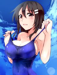Rule 34 | 1girl, blush, breasts, brown eyes, brown hair, cleavage, collarbone, cosaten, day, hair between eyes, hair ornament, hairclip, highres, large breasts, looking at viewer, niimi haruka (photokano), one-piece swimsuit, photokano, pulled by self, school swimsuit, short hair, skin tight, sky, solo, strap pull, sweat, swimsuit, undressing, upper body
