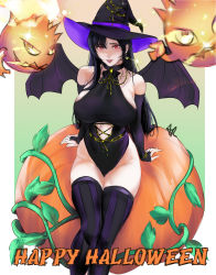 Rule 34 | 1girl, arialla draws, bare shoulders, bat wings, black hair, bomb (final fantasy), breasts, clothing cutout, detached sleeves, earrings, final fantasy, final fantasy vii, final fantasy vii remake, halloween, hat, highres, jewelry, large breasts, lipstick, long hair, looking at viewer, makeup, midriff peek, pumpkin, red eyes, red lips, sitting, solo, stomach cutout, thighhighs, thighs, tifa lockhart, wings, witch, witch hat
