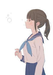 Rule 34 | 1girl, black eyes, blue neckerchief, blue sailor collar, blue skirt, blunt bangs, breasts, brown hair, bubble, closed mouth, expressionless, highres, long hair, long sleeves, natuich, neckerchief, original, pleated skirt, ponytail, profile, sailor collar, school uniform, serafuku, sidelocks, simple background, skirt, small breasts, solo, standing, white background, white serafuku