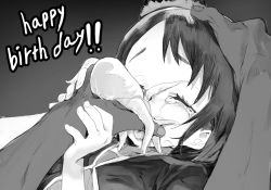 Rule 34 | 1boy, 1girl, age difference, black background, check commentary, commentary request, crying, dark-skinned male, dark skin, dorontabi, english text, fingernails, greyscale, happy birthday, holding, idolmaster, idolmaster cinderella girls, male hand, monochrome, octopus, open mouth, saliva, sasaki chie, short hair, tears, tentacles, tongue, tongue out