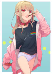 Rule 34 | 1girl, border, bow, bow panties, collar, collarbone, crotch seam, dark side of the moon, fang, food, hair down, highres, holding, holding food, holding pocky, jacket, long hair, looking at viewer, makaino ririmu, multicolored hair, nijisanji, no pants, off shoulder, open clothes, open jacket, open mouth, panties, pink floyd, pink hair, pink jacket, pocky, pointy ears, red collar, red eyes, sabamen, shirt, skin fang, sleeves past fingers, sleeves past wrists, solo, spaghetti strap, strap slip, streaked hair, t-shirt, two-tone background, two-tone hair, underwear, virtual youtuber, white border