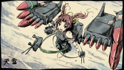 Rule 34 | &gt;:d, 10s, 1girl, :d, artist name, bad id, bike shorts, cannon, gloves, hair ribbon, heavens thunder (byakuya-part2), highres, kagerou (kancolle), kantai collection, looking at viewer, machinery, missile, open mouth, pleated skirt, red hair, ribbon, school uniform, short twintails, skirt, smile, solo, standing, standing on liquid, traditional media, turret, twintails, v-shaped eyebrows, white gloves