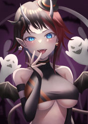 Rule 34 | 1girl, absurdres, balflear (oe19nlud), bat (animal), black bridal gauntlets, black hair, black hat, black sports bra, black wings, blue eyes, blush, breasts, bridal gauntlets, commentary request, demon girl, demon horns, demon wings, earrings, ghost, halloween, hat, highres, horns, jewelry, large breasts, licking, licking finger, looking at viewer, mini hat, multicolored hair, nanashi inc., open mouth, pointy ears, purple background, red hair, ryugasaki rene, ryugasaki rene (1st costume), short hair, smile, solo, sports bra, sugar lyric, tongue, tongue out, top hat, two-tone hair, two-tone sports bra, underboob, upper body, virtual youtuber, wings