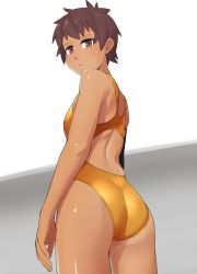 Rule 34 | 1girl, :&lt;, ass, backless swimsuit, brown eyes, brown hair, closed mouth, competition swimsuit, from behind, grey background, highres, kurozu (crozu), looking at viewer, looking back, one-piece swimsuit, original, short hair, solo, swimsuit, tan, tanline, tomboy, two-tone background, yellow one-piece swimsuit