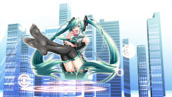 Rule 34 | 1girl, absurdres, caffein, cityscape, detached sleeves, feet, green eyes, green hair, hatsune miku, headphones, highres, long hair, matching hair/eyes, musical note, necktie, open mouth, panties, pantyshot, sitting, skirt, solo, striped clothes, striped panties, thighhighs, tongue, twintails, underwear, upskirt, very long hair, vocaloid