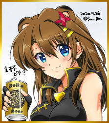 Rule 34 | 1girl, animal ears, beer can, black gloves, blue eyes, blush, breasts, brown hair, can, closed mouth, dated, drink can, fingerless gloves, gloves, hair ornament, hairclip, highres, large breasts, long hair, looking at viewer, lyrical nanoha, mahou shoujo lyrical nanoha strikers, raccoon ears, san-pon, signature, simple background, smile, solo, upper body, white background, x hair ornament, yagami hayate