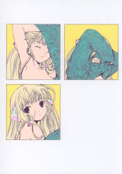 Rule 34 | 00s, blonde hair, chii, chobits, clamp, comic, highres, long hair, looking at viewer, official art, portrait, postcard (medium), silent comic, sweater, undressing, very long hair