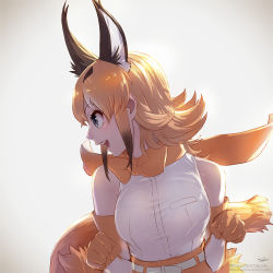 Rule 34 | 10s, 1girl, :d, animal ears, bare shoulders, black hair, blue eyes, bow, bowtie, caracal (kemono friends), clenched hands, commentary request, elbow gloves, extra ears, gloves, kemono friends, multicolored hair, open mouth, orange bow, orange bowtie, orange hair, profile, shirt, short hair, sidelocks, signature, sleeveless, sleeveless shirt, smile, solo, tail, takami masahiro, traditional bowtie, twitter username, upper body, watermark, web address, white hair, white shirt