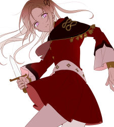 Rule 34 | 1girl, aged down, bad id, bad twitter id, brown hair, dagger, edelgard von hresvelg, fire emblem, fire emblem: three houses, highres, knife, long hair, looking at viewer, nintendo, purple eyes, ribbon, simple background, skirt, solo, twintails, vo1ez, weapon, white background