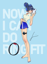 Rule 34 | 1girl, absurdres, bare shoulders, barefoot, blue eyes, blue hair, blue nails, blue pants, blunt bangs, breasts, cellphone, colored inner hair, ear piercing, english text, feet, hair bun, hair intakes, hand up, highres, holding, holding phone, hololive, hololive english, jennie congee, joy-con, large breasts, legs, long legs, looking at viewer, multicolored hair, nail polish, official alternate costume, ouro kronii, ouro kronii (casual), pants, phone, piercing, shirt, short shorts, shorts, signature, simple background, sleeveless, smartphone, thigh strap, toes, turtleneck, two-tone hair, virtual youtuber, white shirt