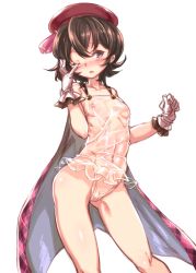 Rule 34 | 10s, beret, black eyes, blush, brown hair, canna (granblue fantasy), cape, gloves, gluteal fold, granblue fantasy, harigane shinshi, hat, highres, looking at viewer, navel, nipples, one-piece swimsuit, one eye closed, open mouth, see-through, short hair, simple background, solo, swimsuit, white background, white gloves