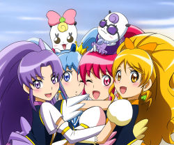 Rule 34 | 10s, 4girls, aino megumi, blonde hair, blue eyes, blue hair, blush, bow, creature, cure fortune, cure honey, cure lovely, cure princess, earrings, fuchi (nightmare), gurasan (happinesscharge precure!), hair bow, happinesscharge precure!, hikawa iona, hug, jewelry, long hair, magical girl, multiple girls, oomori yuuko, pink bow, pink eyes, pink hair, ponytail, precure, purple eyes, purple hair, ribbon (happinesscharge precure!), shirayuki hime, twintails, wide ponytail, yellow eyes