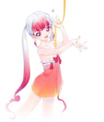 Rule 34 | 1girl, bare shoulders, bow, clothes down, cropped legs, dress, flat chest, gradient hair, hands up, highres, kaede (shijie heping), long hair, looking at viewer, multicolored hair, nipples, open mouth, orange ribbon, original, red bow, red dress, red eyes, red hair, ribbon, see-through, see-through dress, sidelocks, simple background, sketch, smile, solo, twintails, two-tone hair, very long hair, white background, white hair