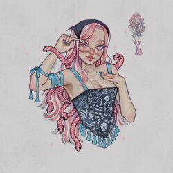 Rule 34 | 1girl, cropped torso, dress, looking to the side, lumachaii, monster girl, monster high, multicolored hair, non-web source, pink hair, slit pupils, snake, snake hair, solo, two-tone hair, viperine gorgon