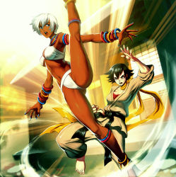Rule 34 | 2girls, abs, anklet, barefoot, belt, bikini, bikini top only, black belt, black hair, blue eyes, blue nails, bra, bracelet, breasts, capcom, cleavage, collarbone, commentary, commentary request, dark-skinned female, dark skin, day, dojo, dougi, elena (street fighter), emphasis lines, english commentary, fighting stance, flexible, genzoman, hair between eyes, highres, jewelry, kicking, long sleeves, looking at another, looking back, makoto (street fighter), martial arts belt, medium breasts, midriff, mixed-language commentary, multiple girls, nail polish, neck ring, open mouth, outdoors, red bra, revision, scarf, short hair, split, sports bra, standing, standing on one leg, standing split, street fighter, street fighter iii (series), sunlight, sweat, swimsuit, teeth, tomboy, underboob, underwear, upper teeth only, white hair, yellow scarf