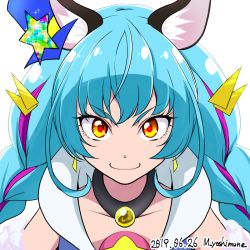 Rule 34 | 1girl, animal ear fluff, animal ears, blue hair, braid, close-up, collar, cure cosmo, dated, earrings, hair ornament, jewelry, magical girl, portrait, precure, signature, simple background, solo, star twinkle precure, twin braids, upper body, yoshimune