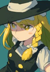 Rule 34 | 1girl, absurdres, black vest, blast-7, blonde hair, blue background, blush stickers, braid, breasts, bright pupils, from above, hair ribbon, hat, highres, kirisame marisa, long hair, looking away, medium breasts, ribbon, serious, short sleeves, simple background, single braid, solo, touhou, tress ribbon, upper body, vest, white pupils, witch hat, yellow eyes