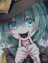 Rule 34 | 1girl, :d, black hat, commentary, fingers to mouth, frilled shirt collar, frills, green eyes, green hair, hair between eyes, hands up, hat, hat ribbon, hayuk0, heart, heart in eye, highres, komeiji koishi, looking at viewer, medium hair, open mouth, portrait, ribbon, shirt, smile, solo, symbol in eye, teeth, touhou, upper teeth only, yellow ribbon, yellow shirt
