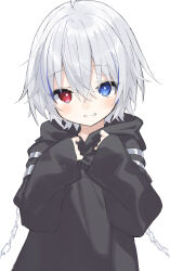 Rule 34 | 1girl, absurdres, ahoge, arm strap, black cloak, blue eyes, blue hair, blush, buran buta, chain, cloak, clothes grab, crossed bangs, grin, hair between eyes, hands on own chest, hands up, heterochromia, highres, hood, indie virtual youtuber, looking at viewer, mismatched pupils, multicolored hair, nisha (vtuber), red eyes, short hair, simple background, sleeves past wrists, smile, solo, star-shaped pupils, star (symbol), streaked hair, symbol-shaped pupils, upper body, virtual youtuber, white background, white hair