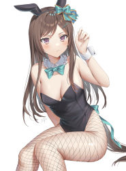 Rule 34 | 1girl, alternate costume, animal ears, black leotard, blue bow, blue bowtie, blush, bow, bowtie, breasts, brown hair, cleavage, detached collar, ear bow, fishnet pantyhose, fishnets, hair ornament, hairclip, highres, horse ears, horse girl, horse tail, invisible chair, leotard, long hair, looking at viewer, medium breasts, mejiro dober (umamusume), oshage (osyage921), pantyhose, playboy bunny, purple eyes, rabbit ears, simple background, sitting, solo, strapless, strapless leotard, tail, umamusume, white background, wrist cuffs